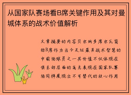 从国家队赛场看B席关键作用及其对曼城体系的战术价值解析 从国家队赛场看B席关键作用及其对曼城体系的战术价值解析